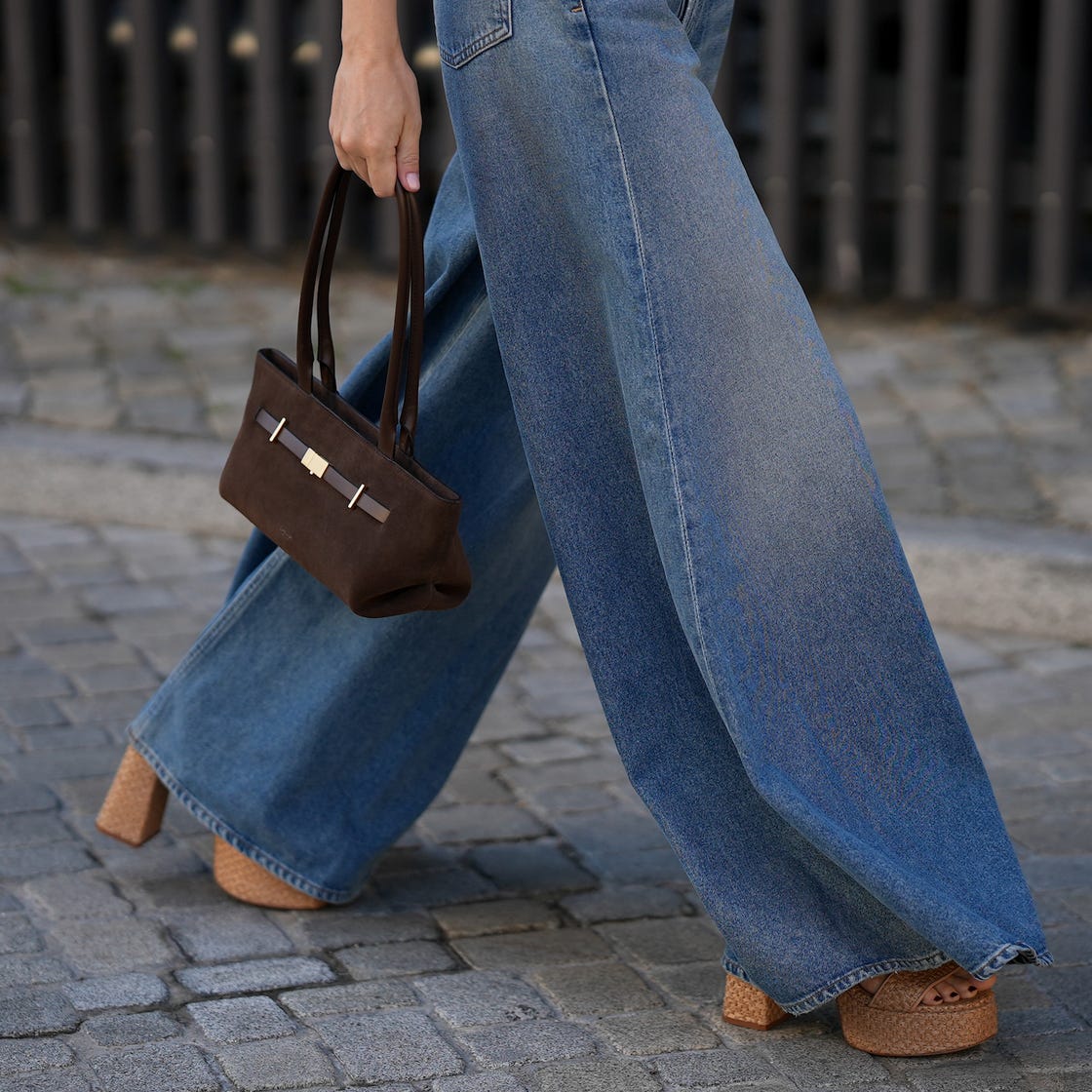 Ultra Wide Leg Jeans With Tan Platform Sandals, Small Brown Handbag Ultra Wide Leg Jeans With Tan Platform Sandals, Small Brown Handbag — Sandals Outfits