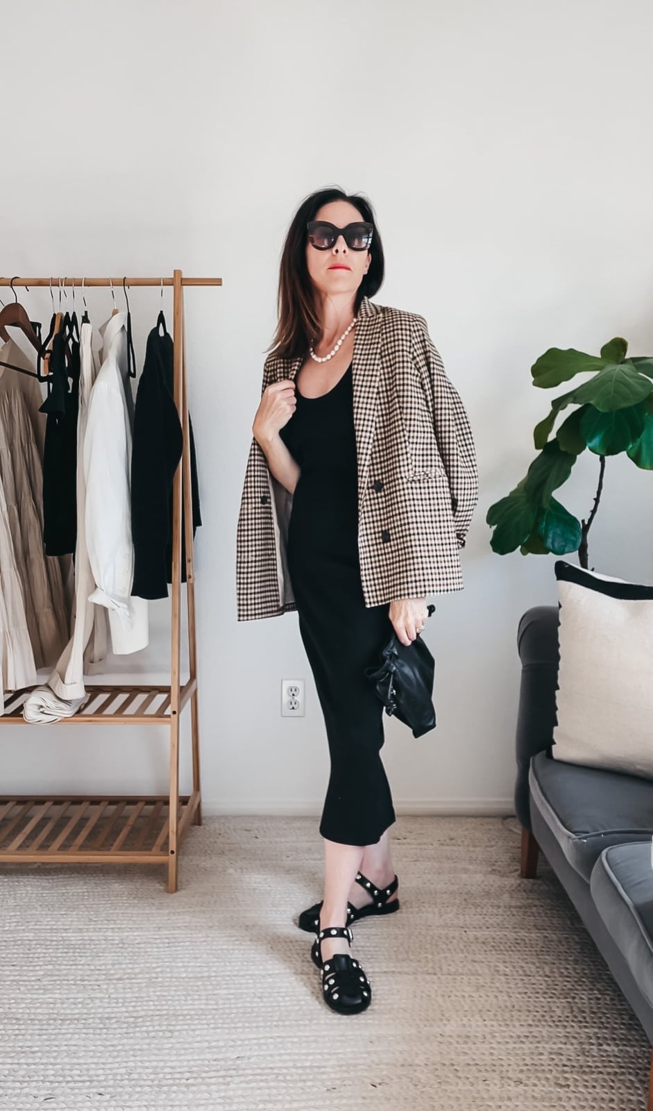 Slip Dress With Houndstooth Blazer And Studded Sandals Slip Dress With Houndstooth Blazer And Studded Sandals — Sandals Outfits