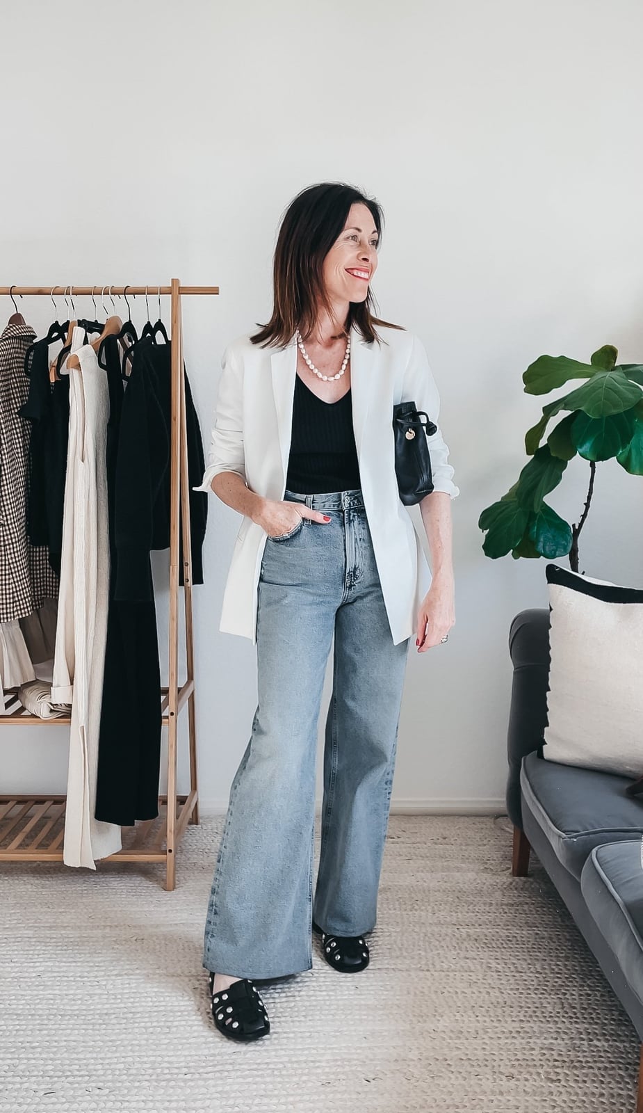 Wide Leg Jeans With White Blazer And Studded Sandals Wide Leg Jeans With White Blazer And Studded Sandals — Sandals Outfits
