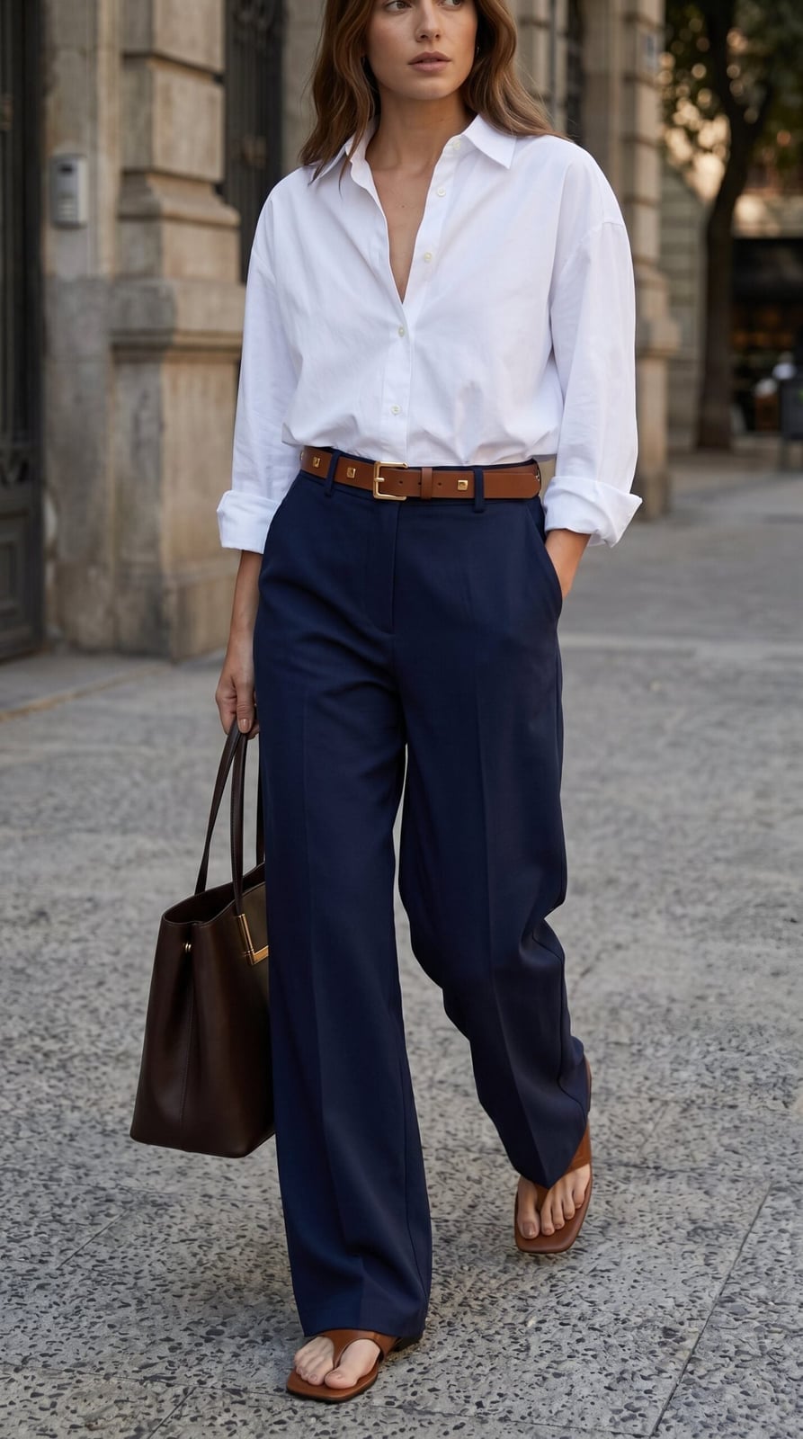 Navy Trousers With Brown Thong Sandals Navy Trousers With Brown Thong Sandals — Sandals Outfits