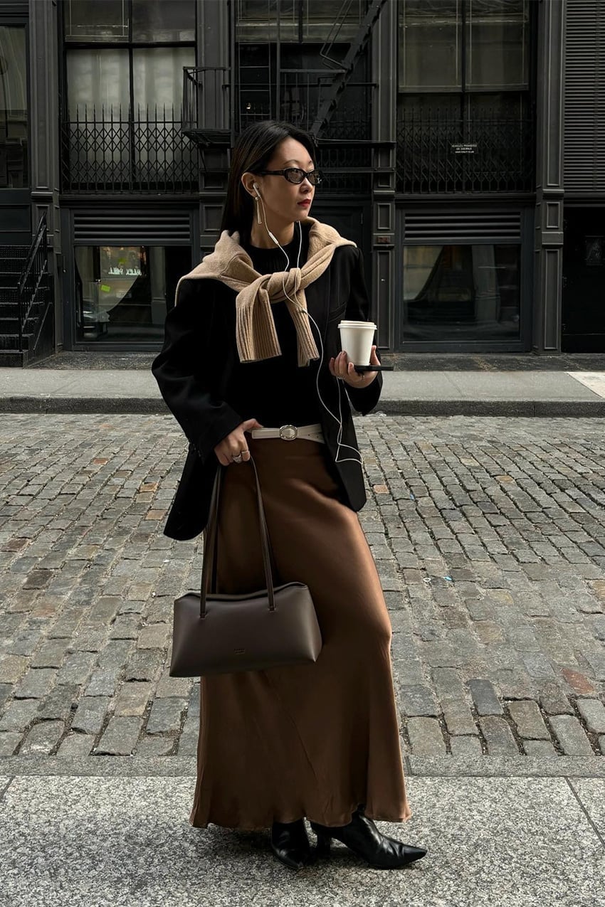 Brown Satin Maxi Skirt With Layered Knits And Blazer Brown Satin Maxi Skirt With Layered Knits And Blazer — Satin Skirt Outfits