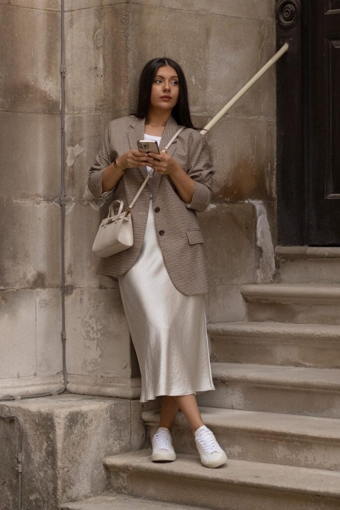 Champagne Satin A-Line Skirt With Plaid Blazer And Sneakers Champagne Satin A-Line Skirt With Plaid Blazer And Sneakers — Satin Skirt Outfits