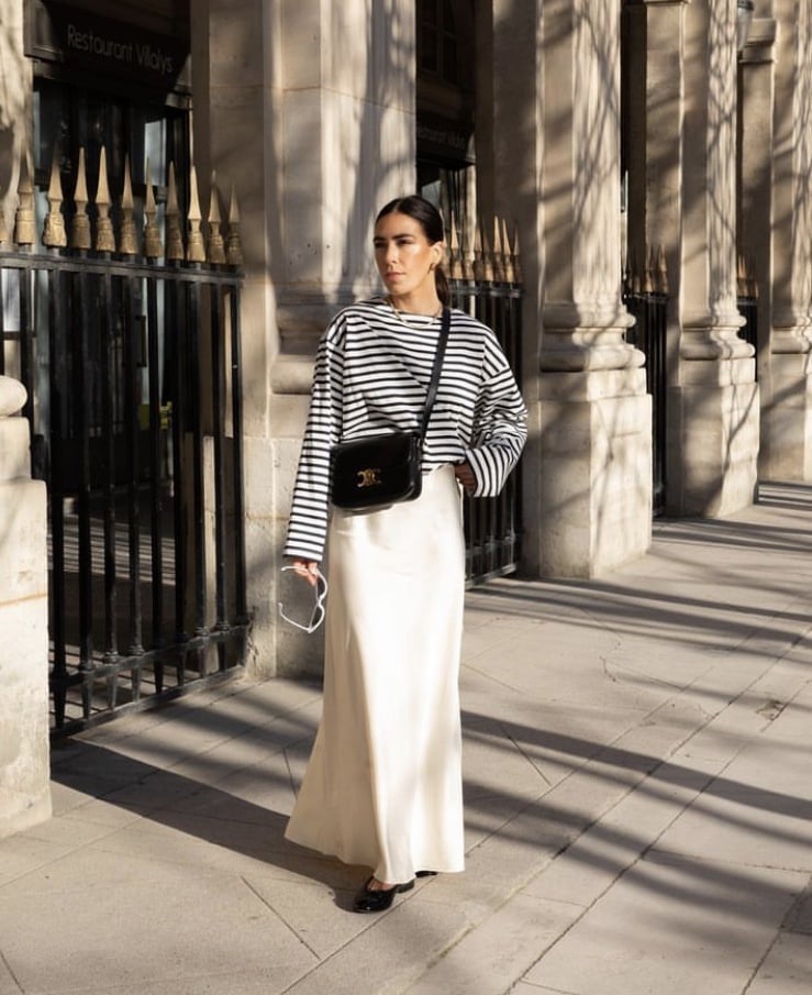 Ivory Satin Skirt With Striped Long Sleeve Top Ivory Satin Skirt With Striped Long Sleeve Top — Satin Skirt Outfits
