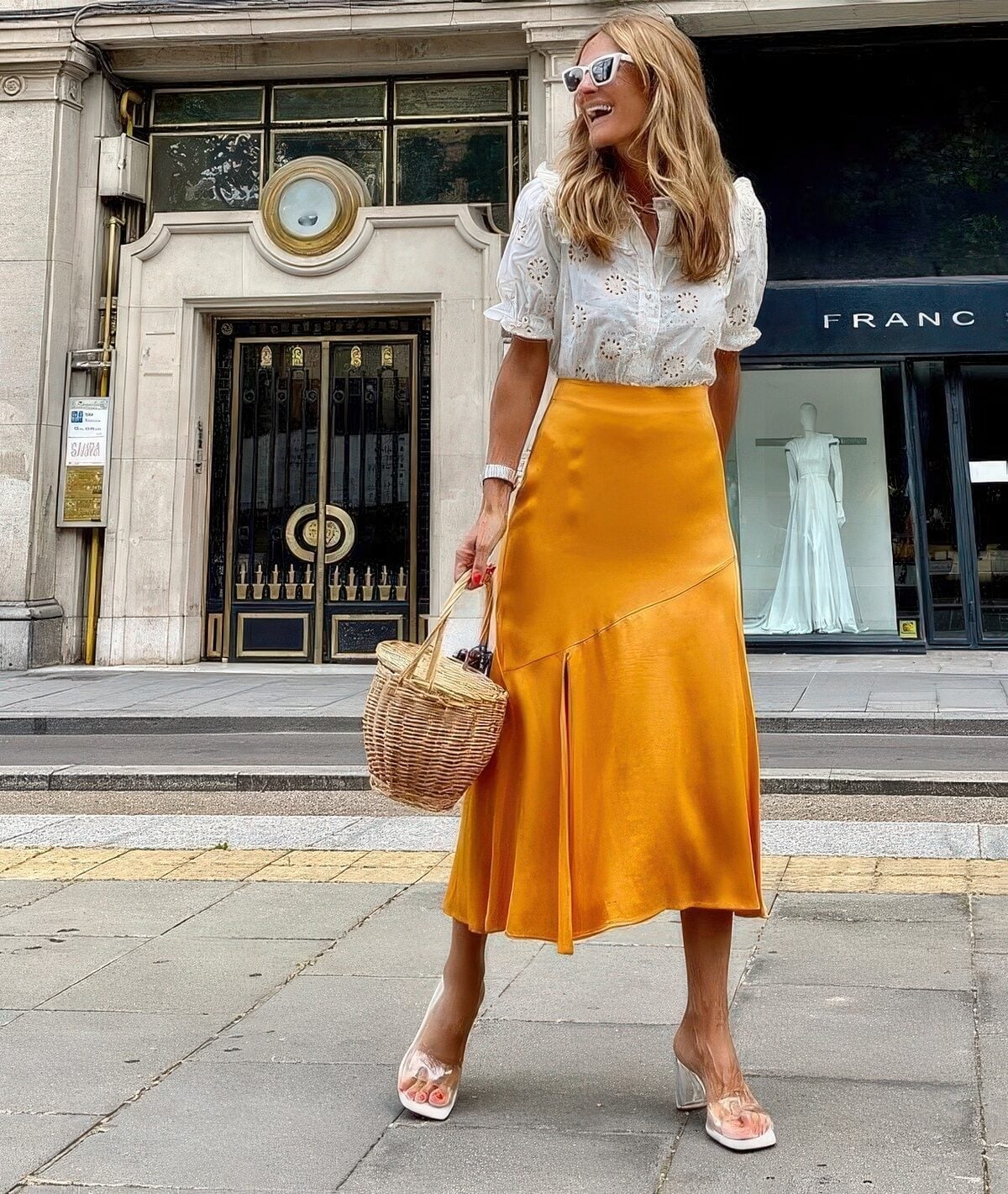 Bright Orange Satin Midi Skirt With Puff Sleeve Blouse Bright Orange Satin Midi Skirt With Puff Sleeve Blouse — Satin Skirt Outfits