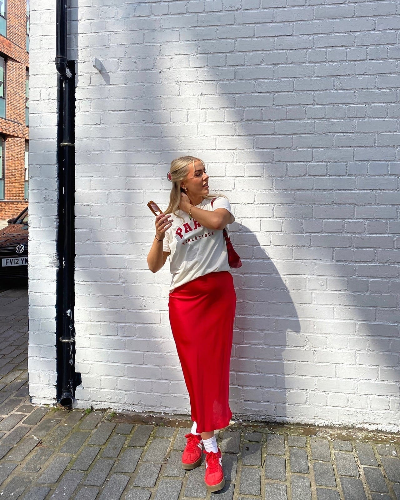 Red Satin Maxi Skirt With White Graphic T-Shirt Red Satin Maxi Skirt With White Graphic T-Shirt — Satin Skirt Outfits