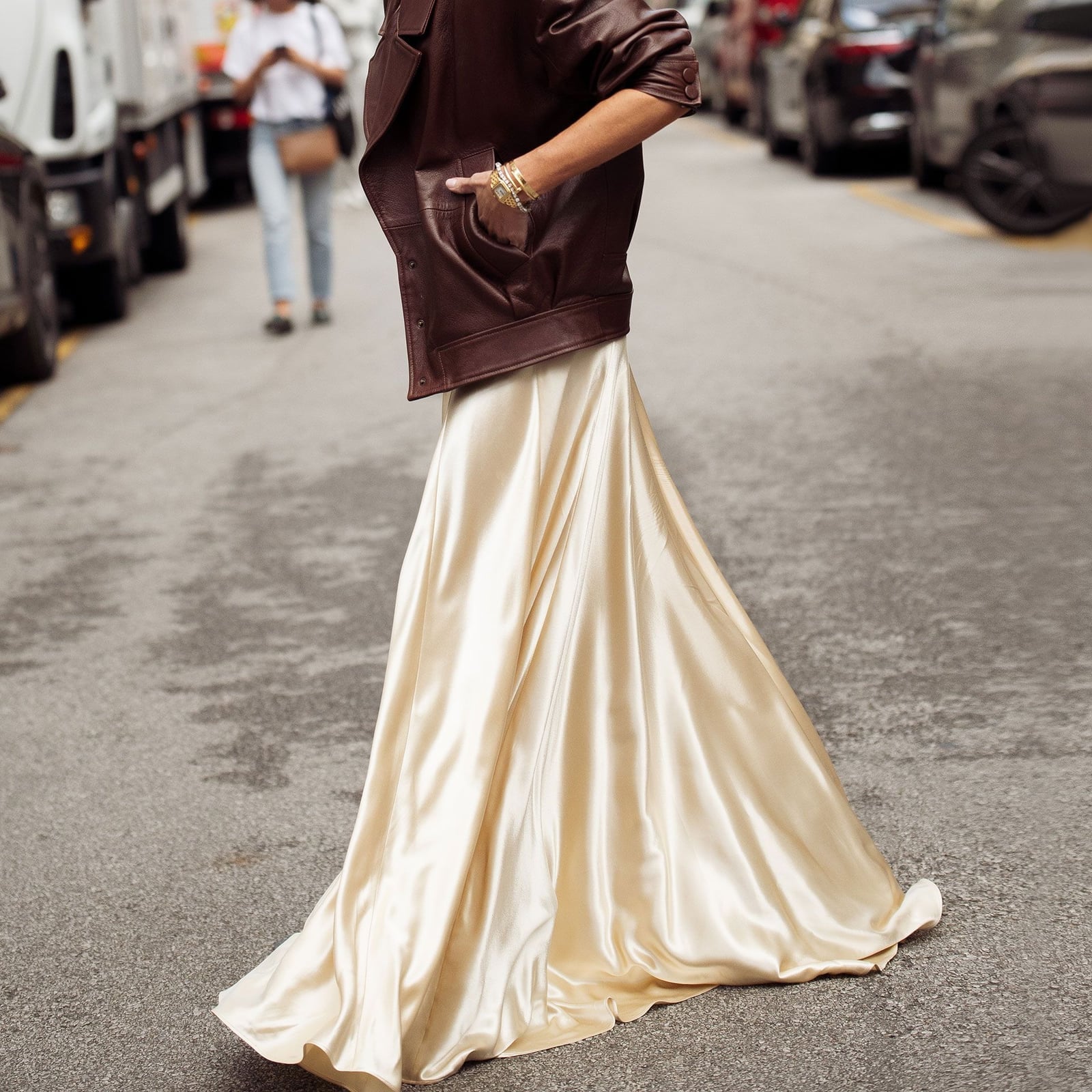 Cream Satin Maxi Skirt With Leather Jacket Cream Satin Maxi Skirt With Leather Jacket — Satin Skirt Outfits