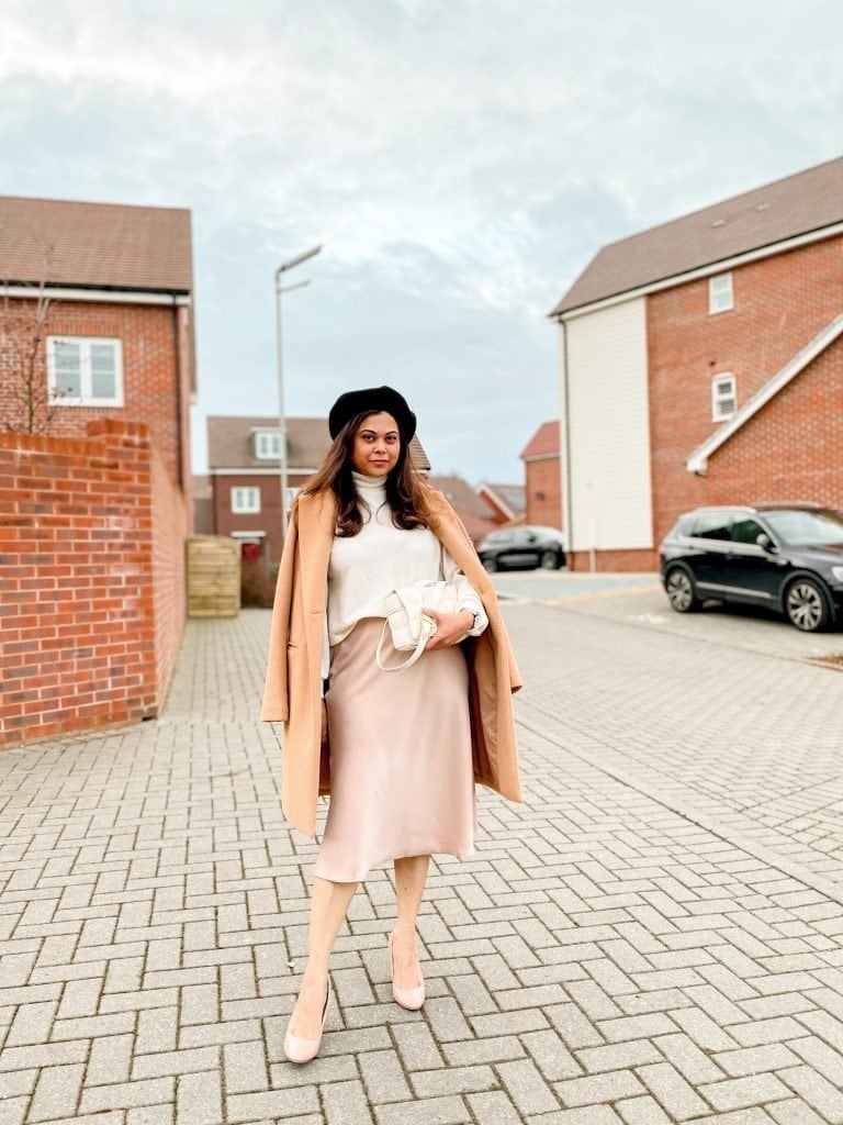 Pink Satin Midi Skirt With Camel Coat Draped Pink Satin Midi Skirt With Camel Coat Draped — Satin Skirt Outfits