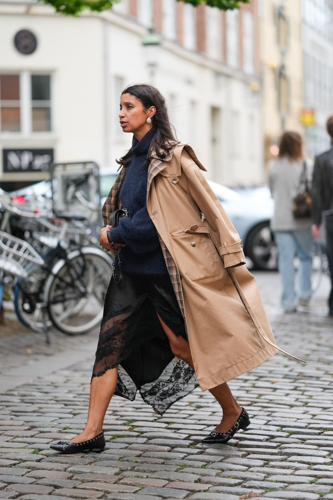 Black Satin Skirt With Lace Trim And Trench Coat Black Satin Skirt With Lace Trim And Trench Coat — Satin Skirt Outfits