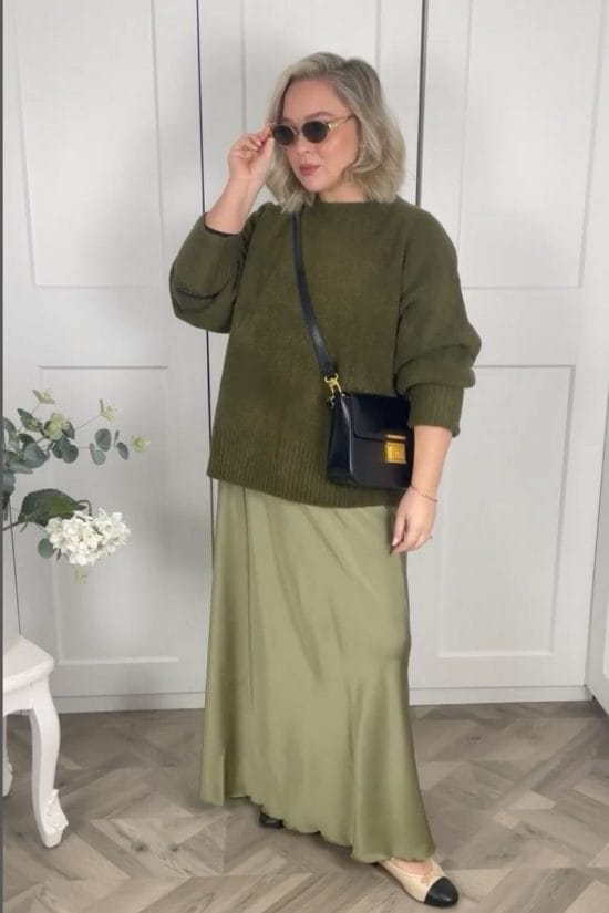 Olive Green Satin Skirt With Oversized Knit Sweater Olive Green Satin Skirt With Oversized Knit Sweater — Satin Skirt Outfits