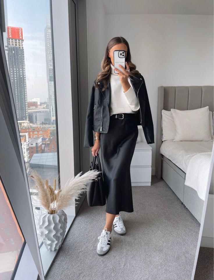 Black Satin Skirt With Leather Jacket And Sneakers Black Satin Skirt With Leather Jacket And Sneakers — Satin Skirt Outfits