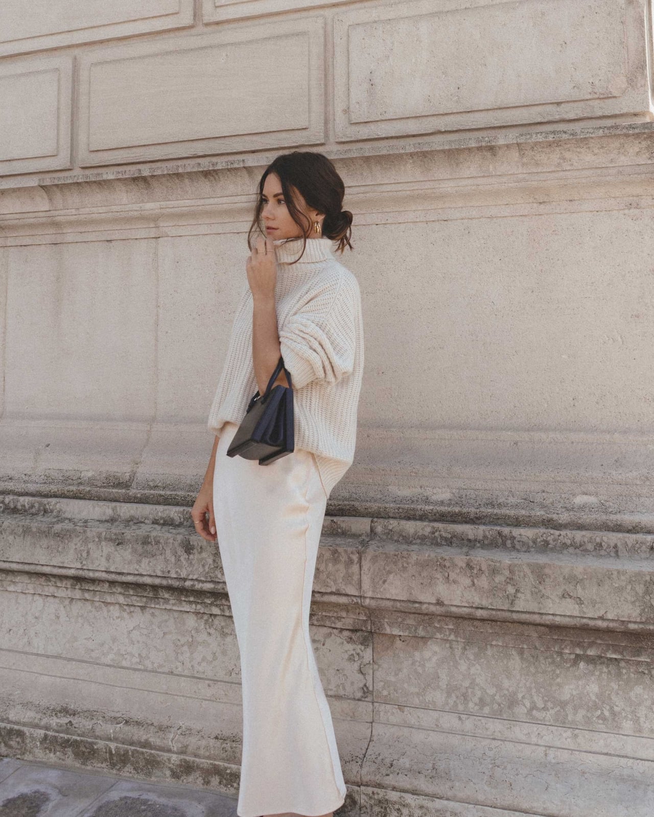 Long Cream Satin Column Skirt With Turtleneck Sweater Long Cream Satin Column Skirt With Turtleneck Sweater — Satin Skirt Outfits