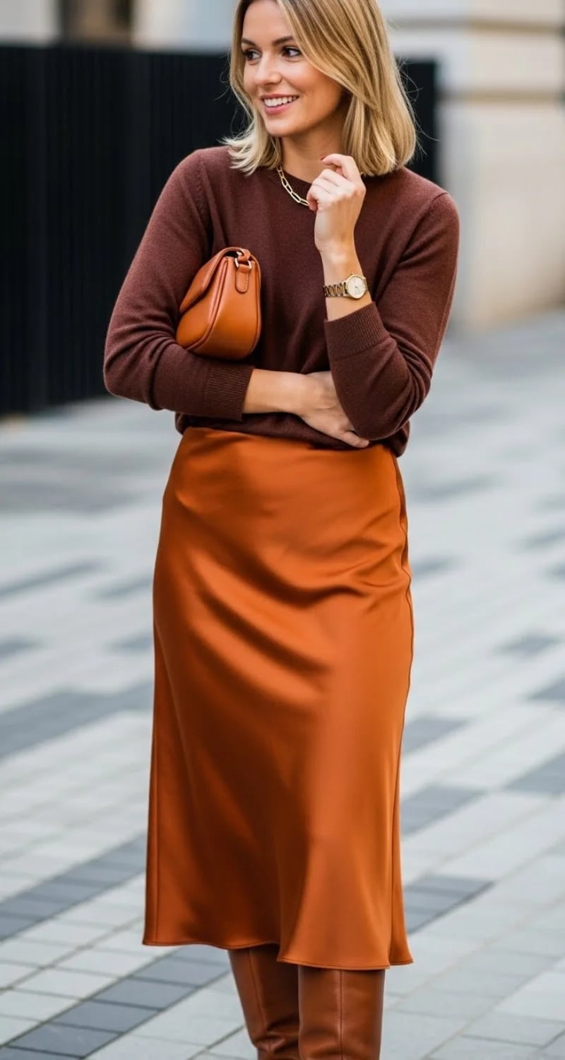 Burnt Orange Satin Column Skirt With Fitted Sweater Burnt Orange Satin Column Skirt With Fitted Sweater — Satin Skirt Outfits