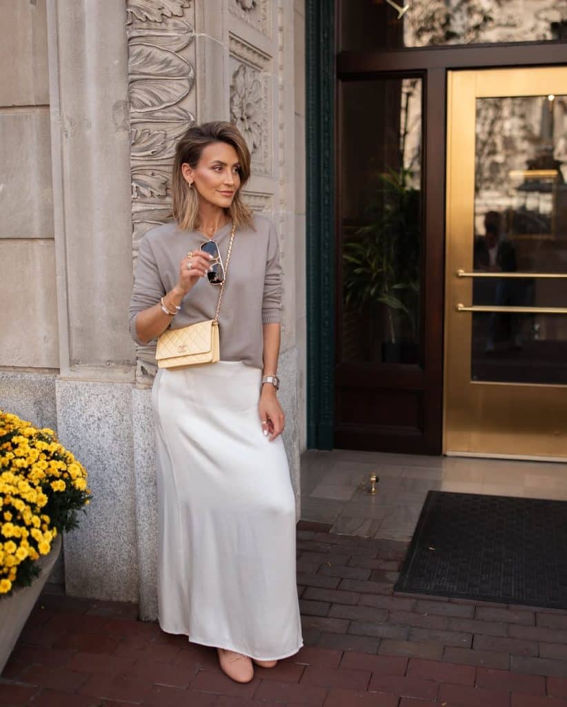 Ivory Satin Skirt With Light Gray Knit Sweater Ivory Satin Skirt With Light Gray Knit Sweater — Satin Skirt Outfits