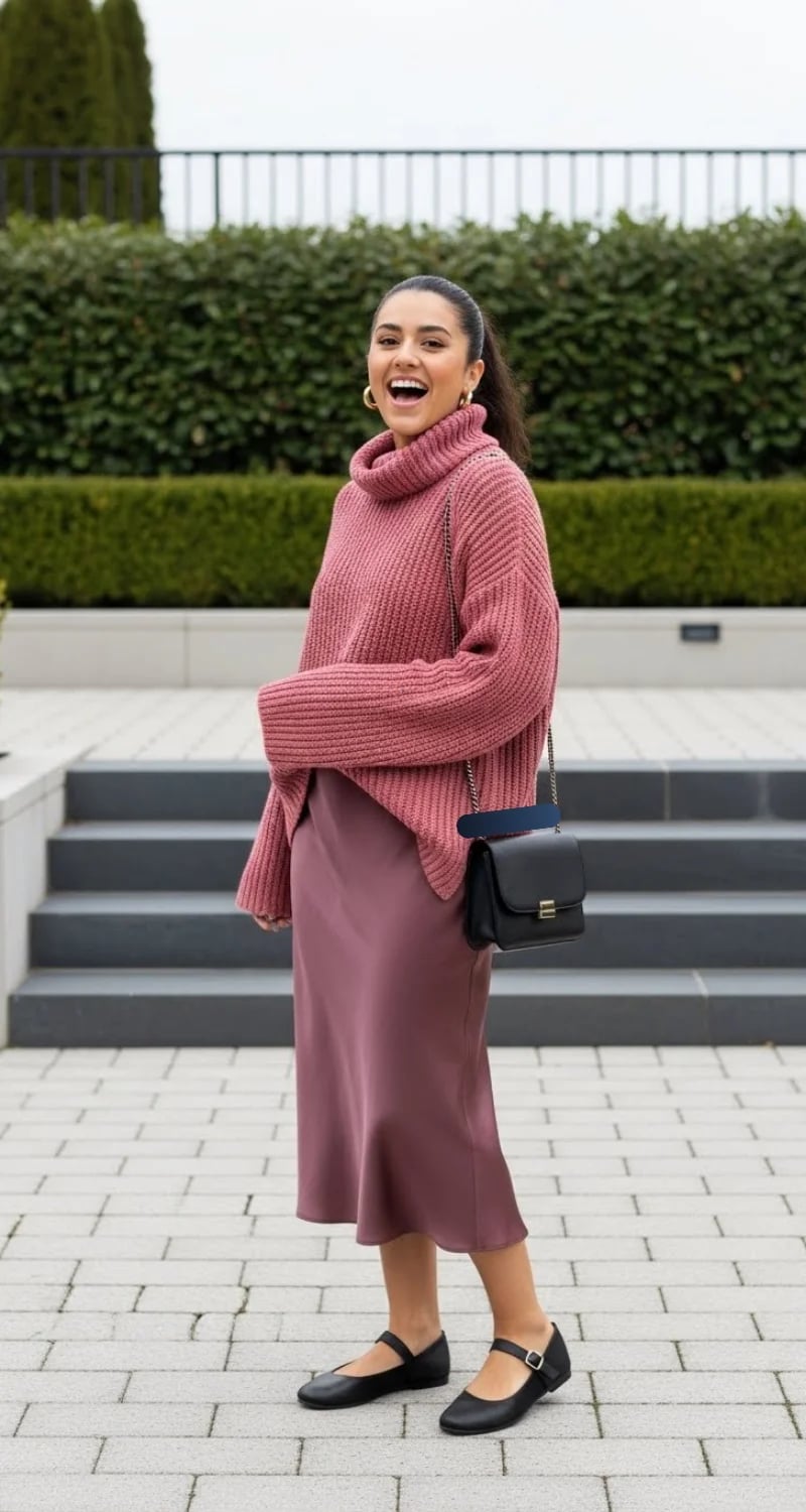 Mauve Satin Midi Skirt With Pink Turtleneck Sweater Mauve Satin Midi Skirt With Pink Turtleneck Sweater — Satin Skirt Outfits