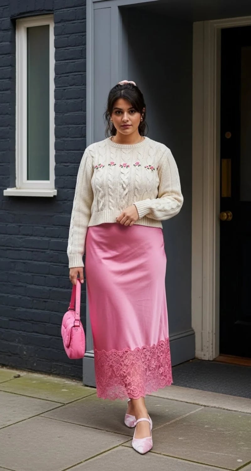 Pink Satin Skirt With Lace Trim And Cable Knit Sweater Pink Satin Skirt With Lace Trim And Cable Knit Sweater — Satin Skirt Outfits