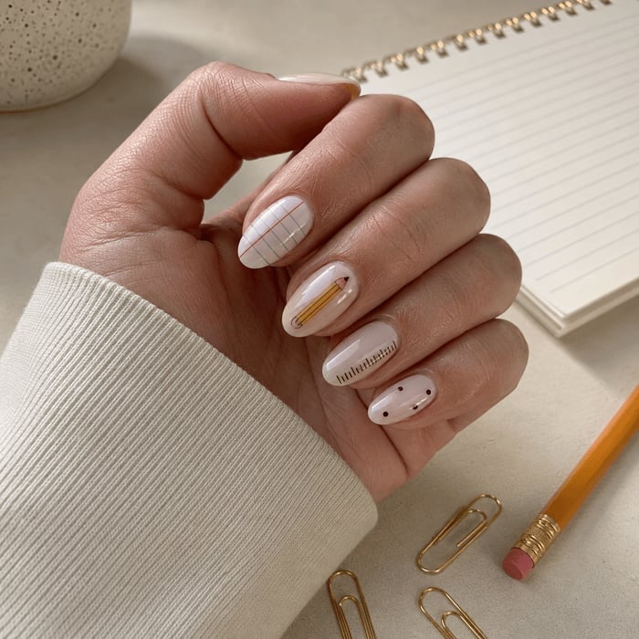 Medium Almond School Grid and Pencil Nails Medium Almond School Grid and Pencil Nails — School Nails