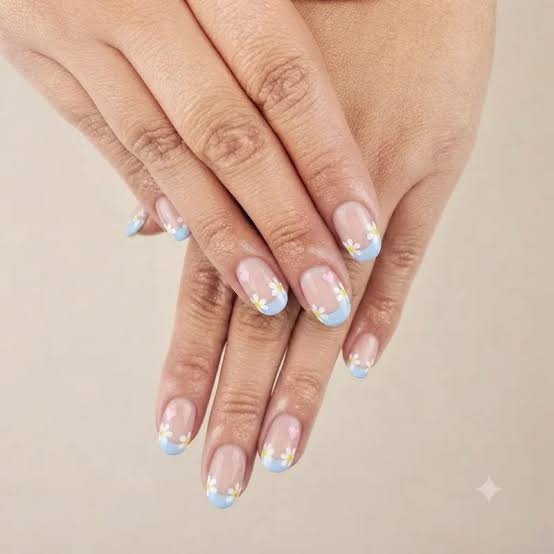 Short Oval Floral French Tip Nails Short Oval Floral French Tip Nails — School Nails