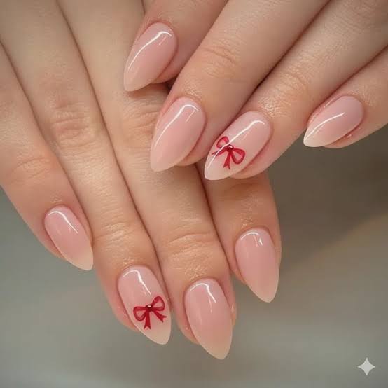 Medium Almond Red Bow Nails Medium Almond Red Bow Nails — School Nails