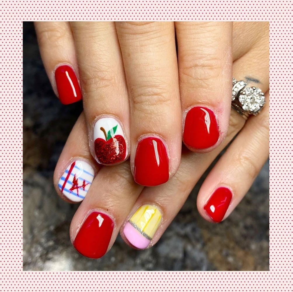 Short Square Red Apple Glitter Nails Short Square Red Apple Glitter Nails — School Nails