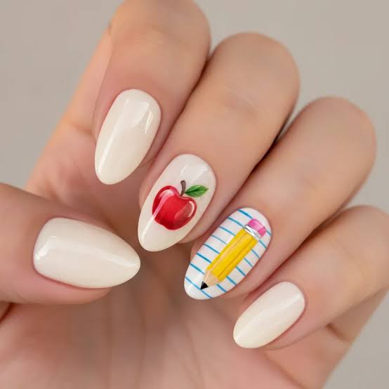Short Oval Red Apple and Pencil Nails Short Oval Red Apple and Pencil Nails — School Nails