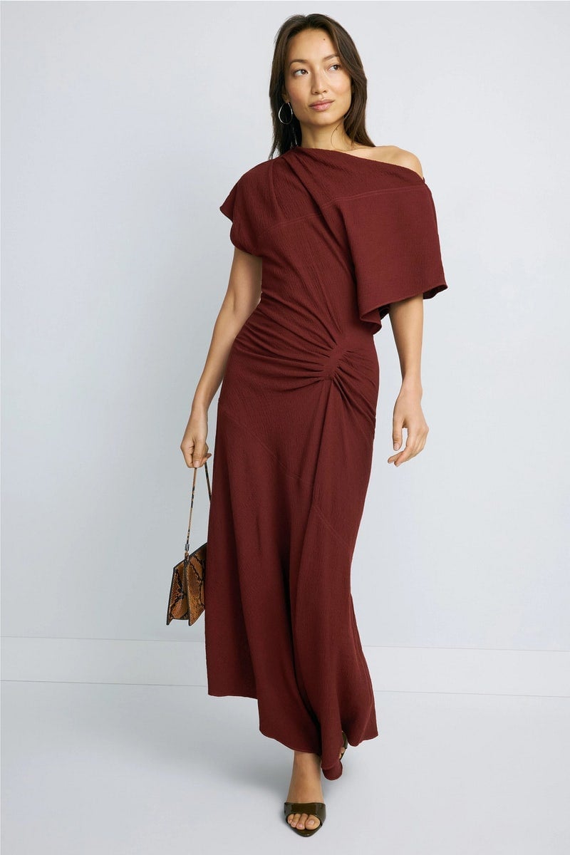 Maroon Textured Knit One-Shoulder Dress Maroon Textured Knit One-Shoulder Dress — Semi Formal Dresses