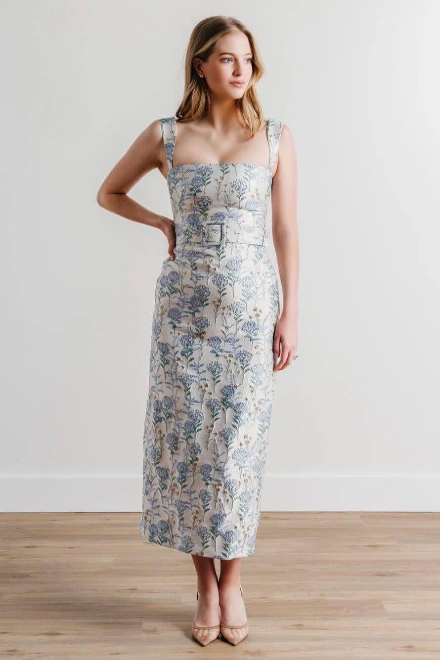 White Blue Floral Brocade Sheath Dress White Blue Floral Brocade Sheath Dress — Semi Formal Dresses