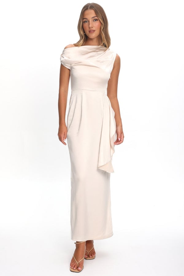 Cream Satin Column Dress Draped Cowl Neck Cream Satin Column Dress Draped Cowl Neck — Semi Formal Dresses