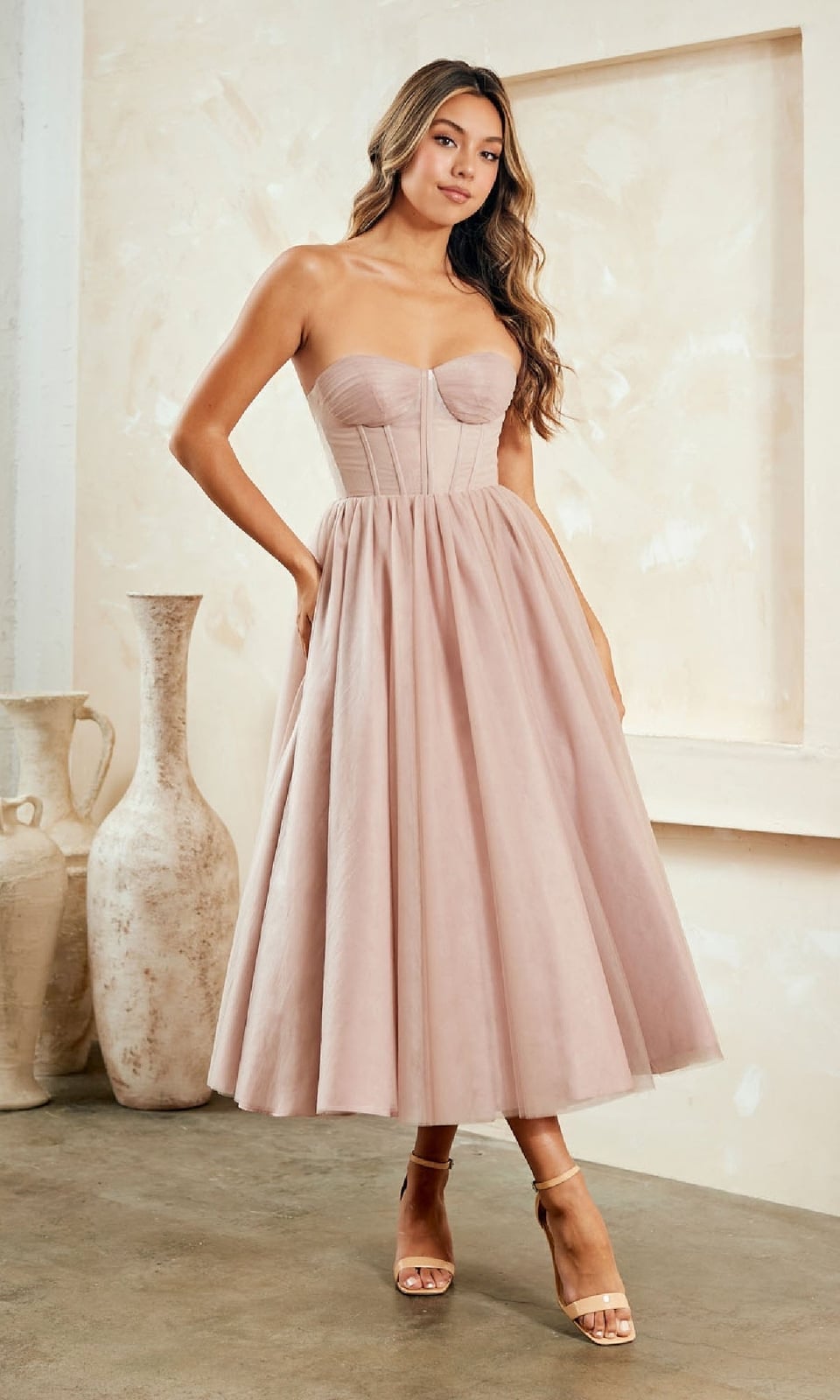 Blush Pink Fit-and-Flare Midi Dress Blush Pink Fit-and-Flare Midi Dress — Semi Formal Dresses