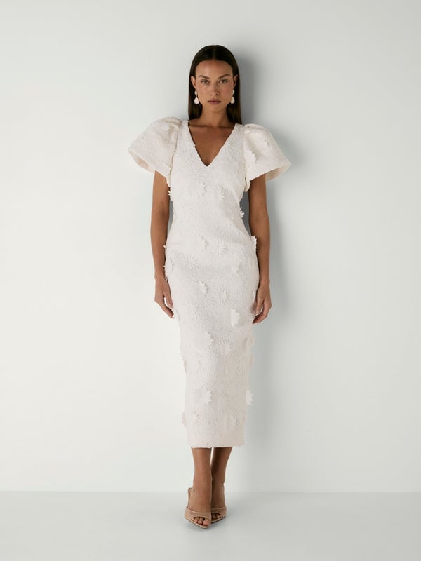 White Textured Dress With Puffed Sleeves White Textured Dress With Puffed Sleeves — Semi Formal Dresses