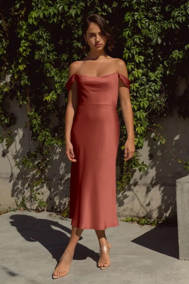 Muted Rose Satin Slip Dress Off-the-Shoulder Muted Rose Satin Slip Dress Off-the-Shoulder — Semi Formal Dresses