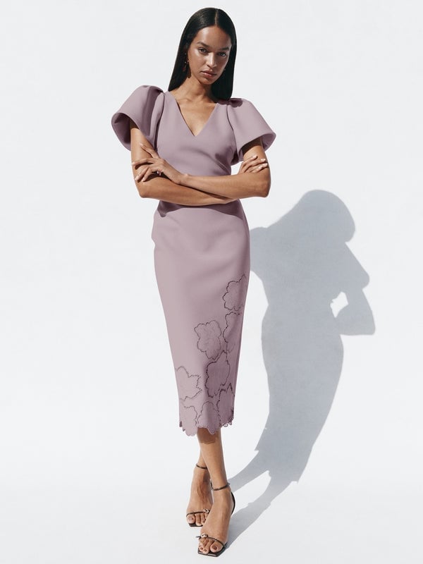 Lilac Lace Trim Pencil Dress with Flared Sleeves Lilac Lace Trim Pencil Dress with Flared Sleeves — Semi Formal Outfits