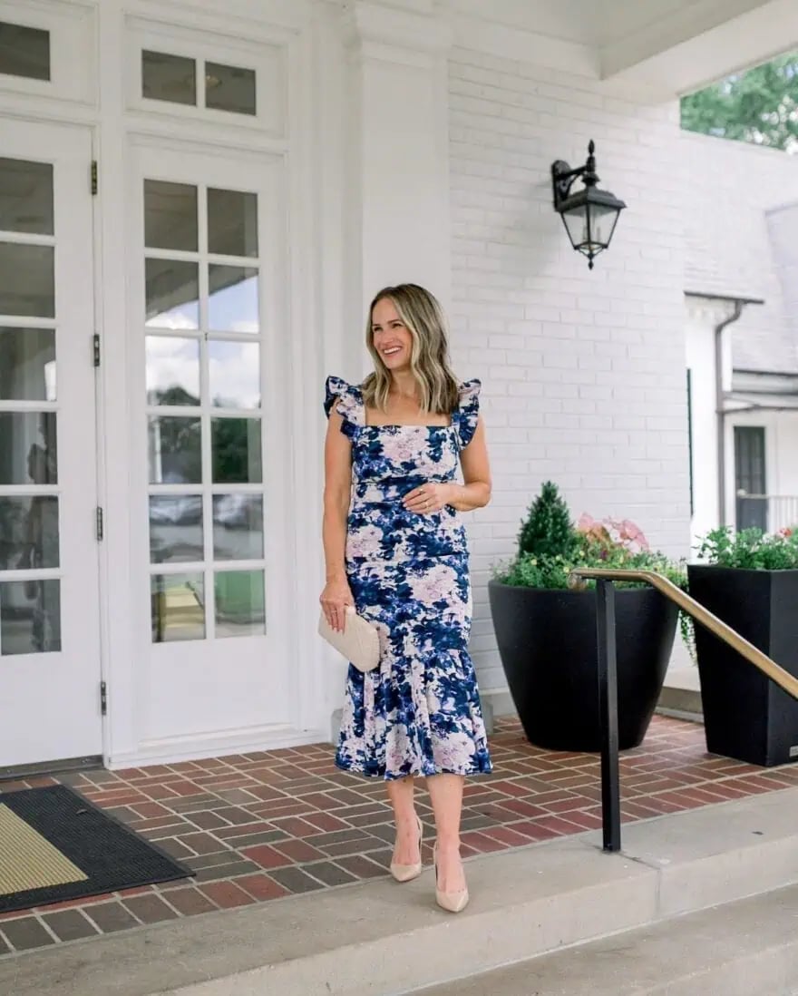 Blue and Pink Floral Ruffled Midi Dress Blue and Pink Floral Ruffled Midi Dress — Semi Formal Outfits
