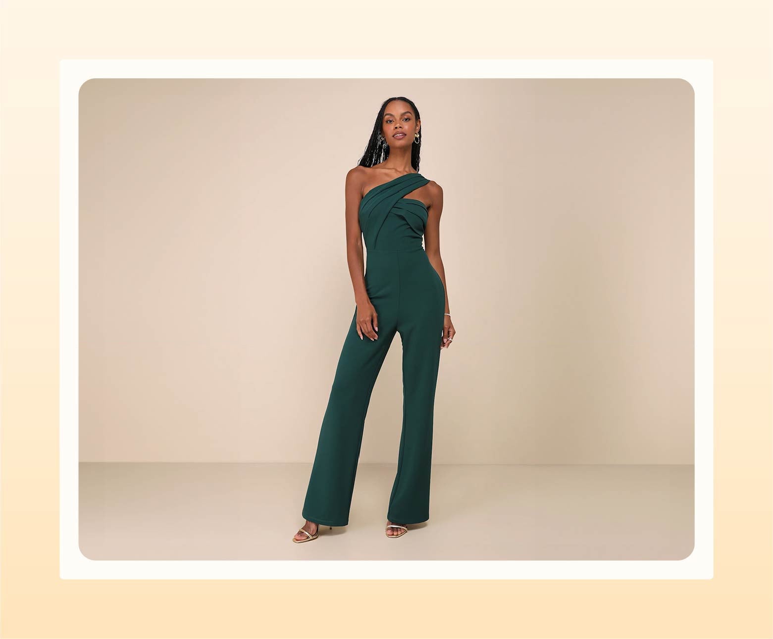 Dark Green One-Shoulder Jumpsuit, Styled With Strappy Heels Dark Green One-Shoulder Jumpsuit, Styled With Strappy Heels — Semi Formal Outfits