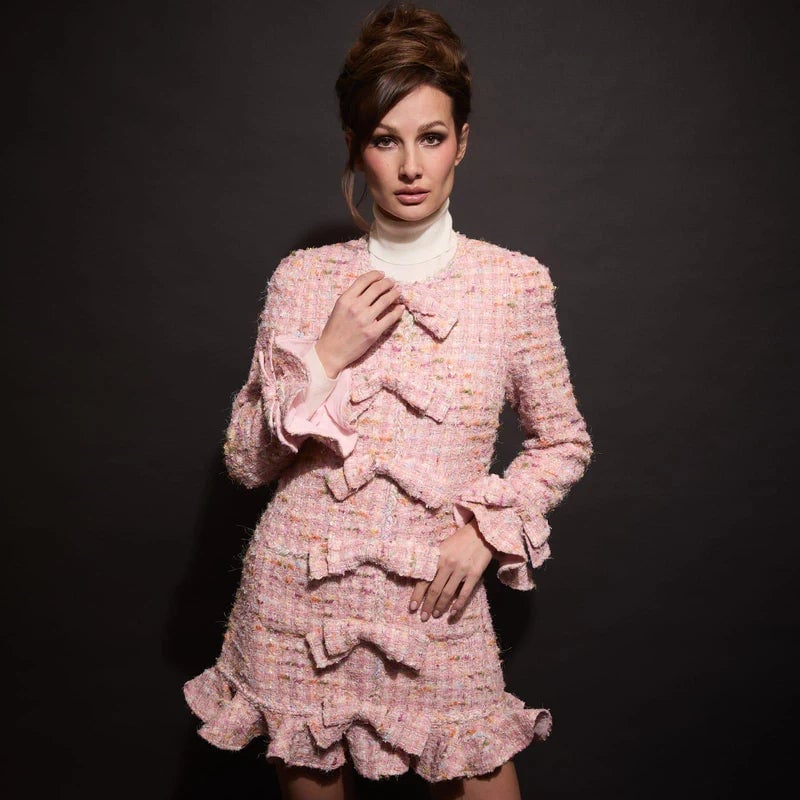 Pink Tweed Jacket and Tiered Skirt Set, Close-Up Take Pink Tweed Jacket and Tiered Skirt Set, Close-Up Take — Semi Formal Outfits