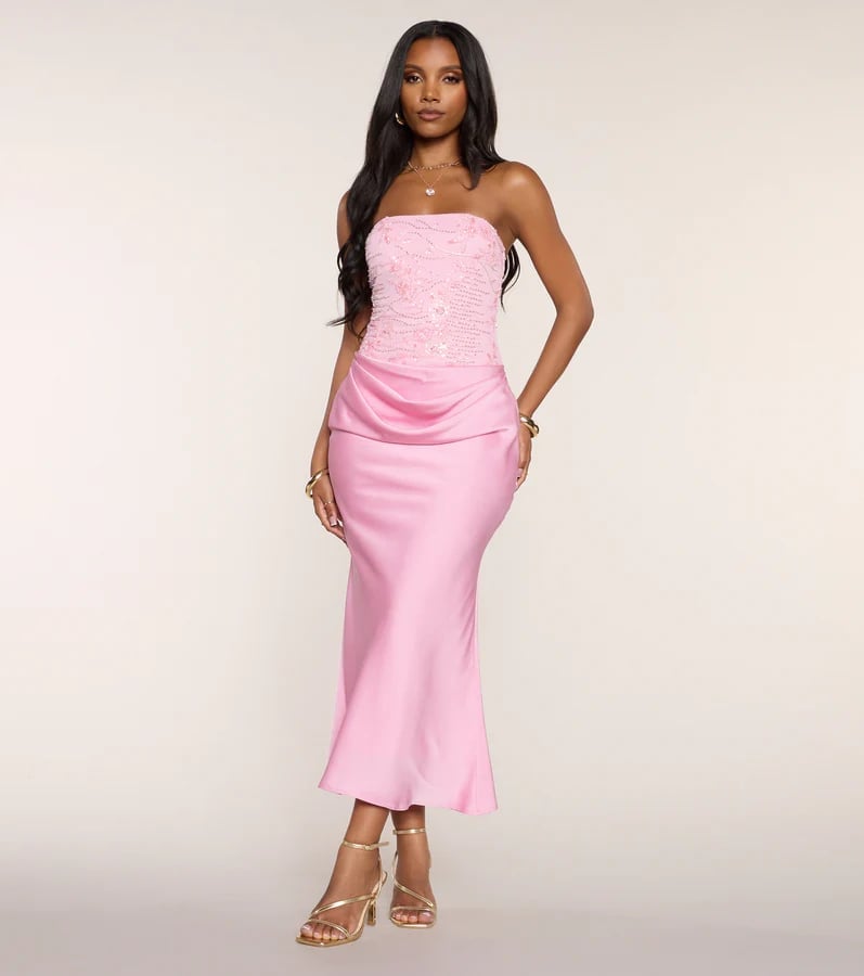 Pink Satin Draped Skirt and Embellished Top, Close-Up Take Pink Satin Draped Skirt and Embellished Top, Close-Up Take — Semi Formal Outfits