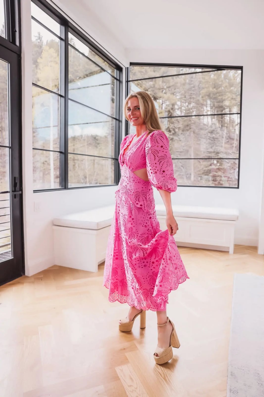 Bright Pink Eyelet Lace A-line Dress Bright Pink Eyelet Lace A-line Dress — Semi Formal Outfits