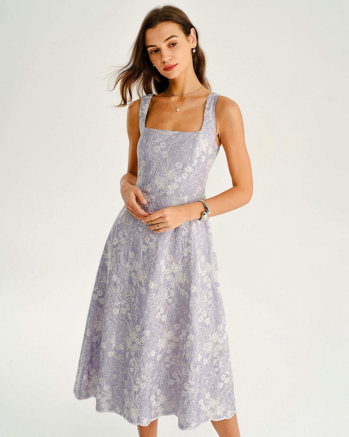 Lavender Lace Fit-and-Flare Midi Dress, Strappy Heeled Sandals Lavender Lace Fit-and-Flare Midi Dress, Strappy Heeled Sandals — Semi Formal Outfits
