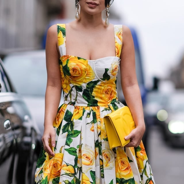 Yellow Floral Print Dress with Full Skirt, Close-Up Take Yellow Floral Print Dress with Full Skirt, Close-Up Take — Semi Formal Outfits