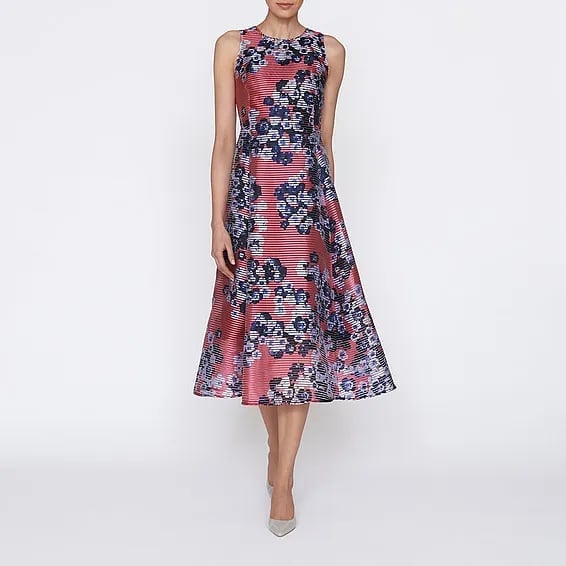 Red Floral Print Fit and Flare Dress, Close-Up Take Red Floral Print Fit and Flare Dress, Close-Up Take — Semi Formal Outfits