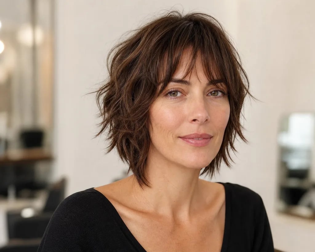 Short Dark Brown Shag With Blunt Bangs Short Dark Brown Shag With Blunt Bangs — Shag Haircut