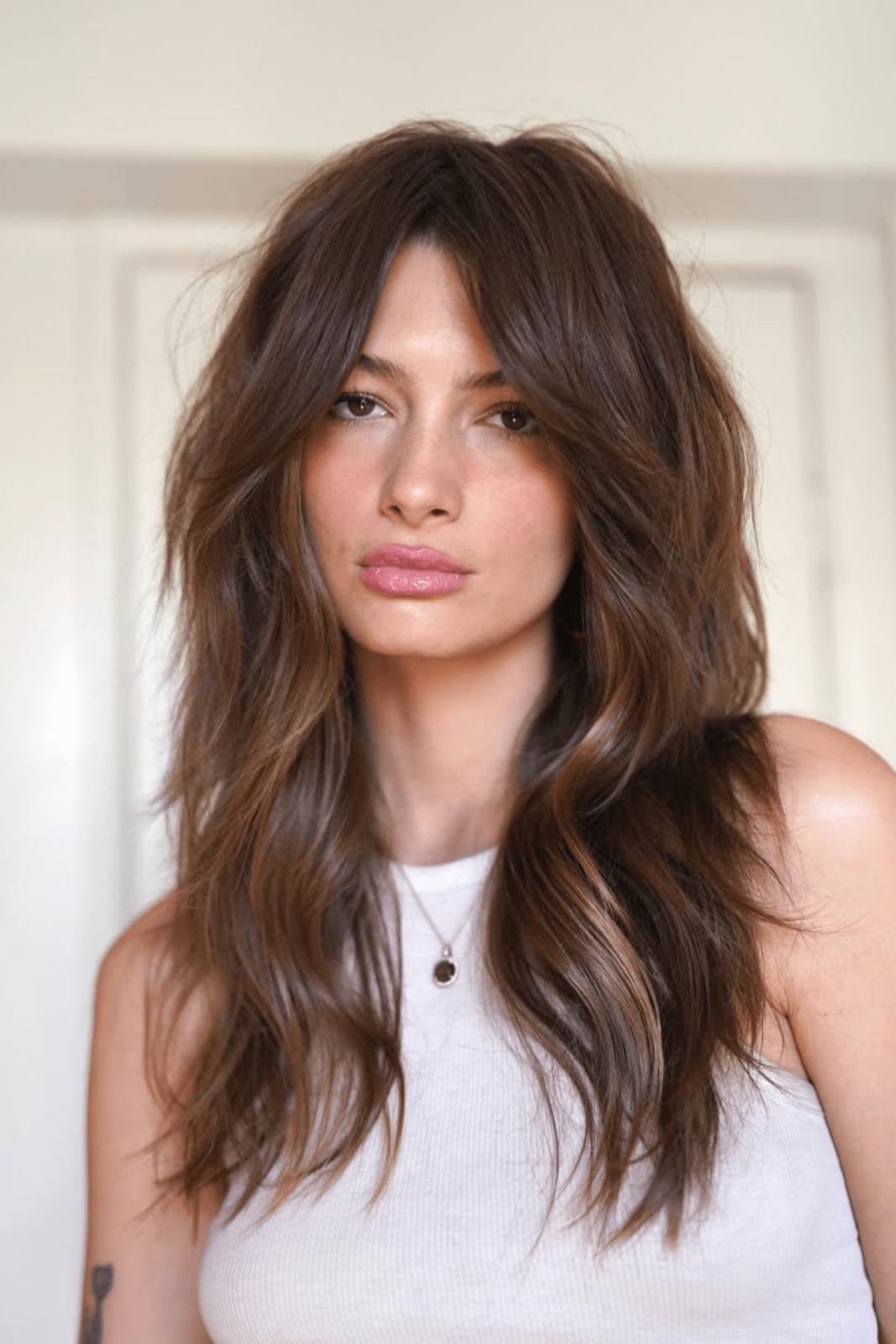 Collarbone Length Auburn Shag With Wispy Bangs Collarbone Length Auburn Shag With Wispy Bangs — Shag Haircut
