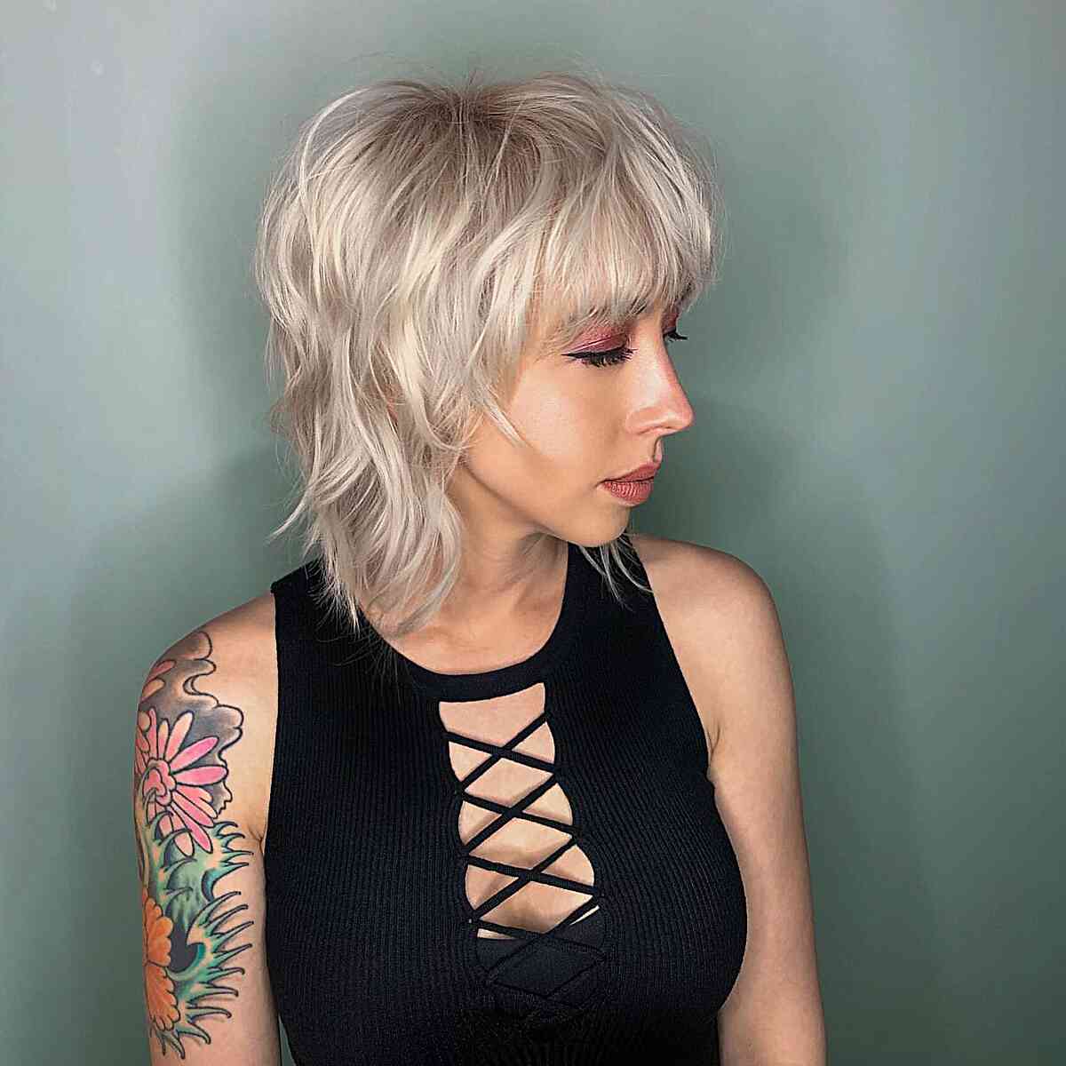Platinum Blonde Short Shag With Short Fringe Platinum Blonde Short Shag With Short Fringe — Shag Haircut