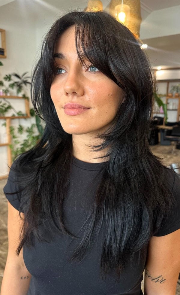 Long Dark Brown Shag With Curtain Bangs and Balayage Long Dark Brown Shag With Curtain Bangs and Balayage — Shag Haircut