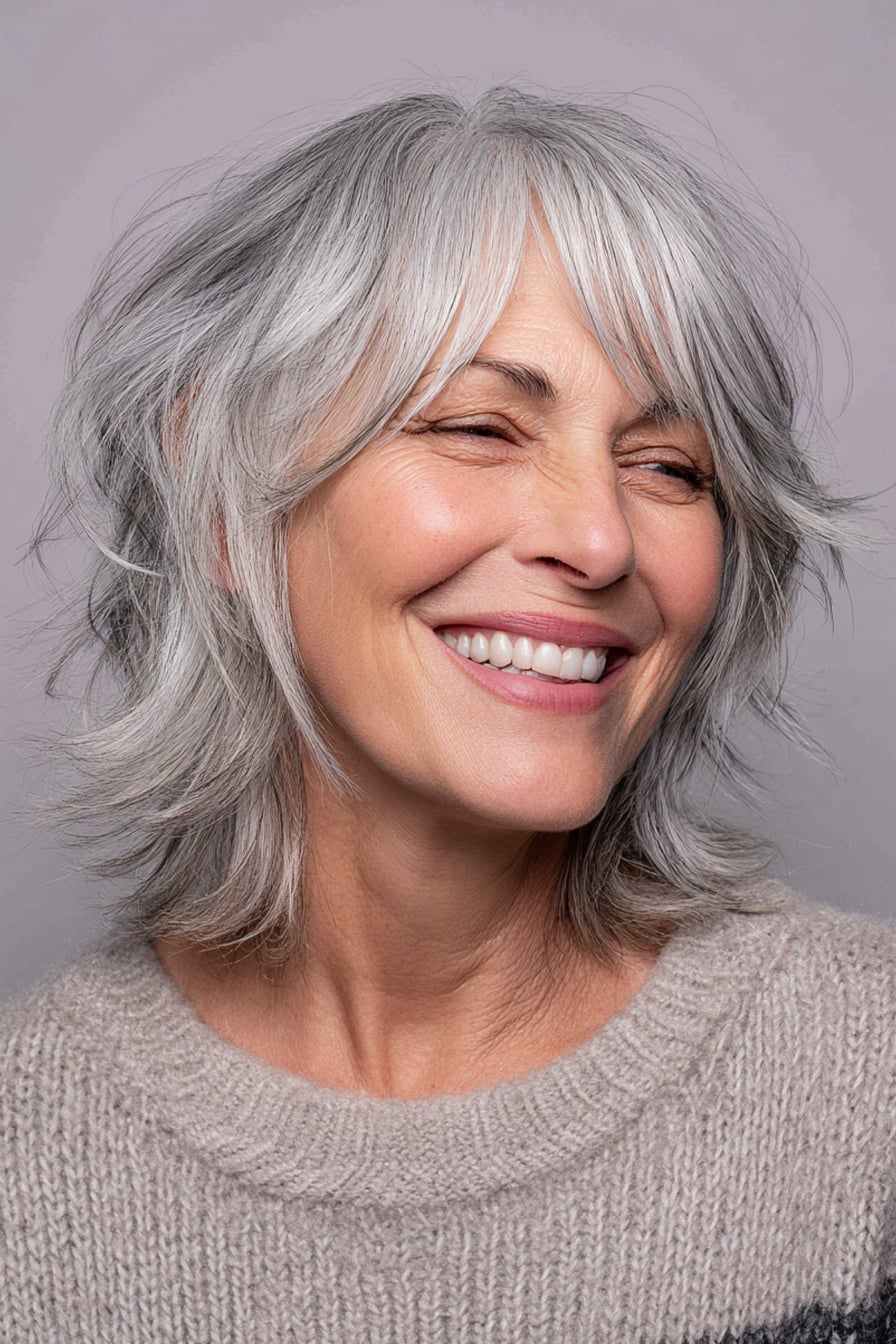 Collarbone Gray Shag With Face-Framing Layers Collarbone Gray Shag With Face-Framing Layers — Shag Haircut