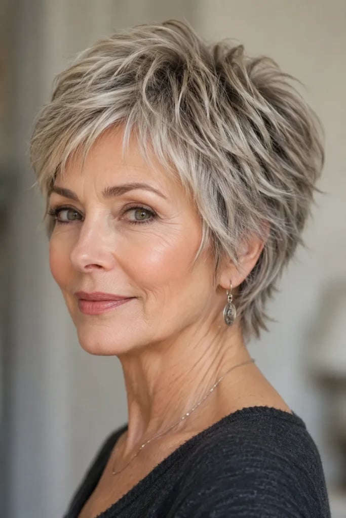 Short Gray Blonde Shag With Side-Swept Bangs Short Gray Blonde Shag With Side-Swept Bangs — Shag Haircut