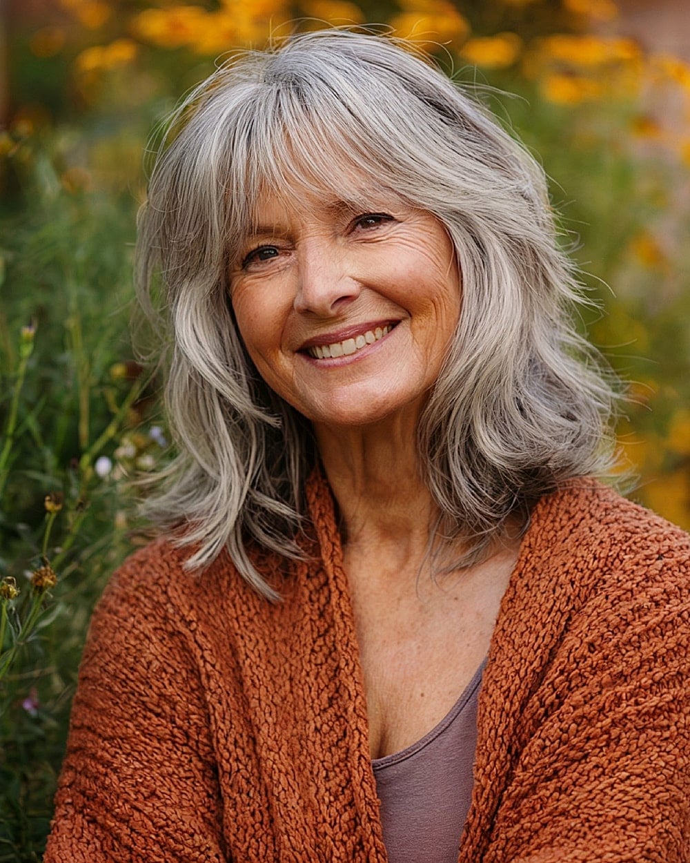 Shoulder Length Gray Shag With Full Bangs, Collarbone Shoulder Length Gray Shag With Full Bangs, Collarbone — Shag Hairstyles