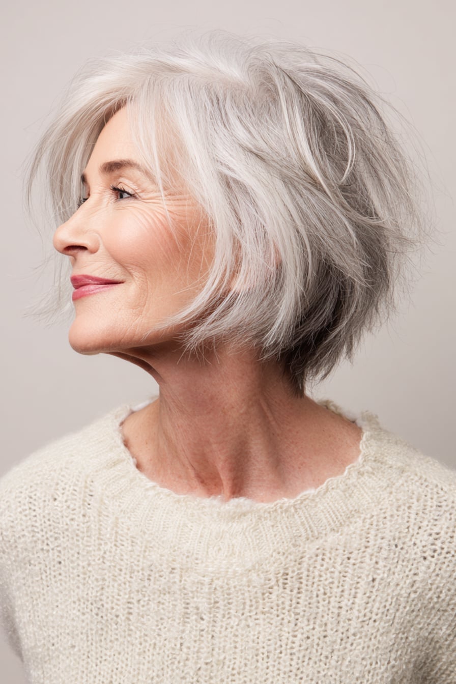 Chin-Length Gray Shaggy Bob With Volume, Wavy Chin-Length Gray Shaggy Bob With Volume, Wavy