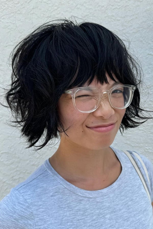 Chin-Length Shaggy Bob With Micro Bangs, Black Chin-Length Shaggy Bob With Micro Bangs, Black