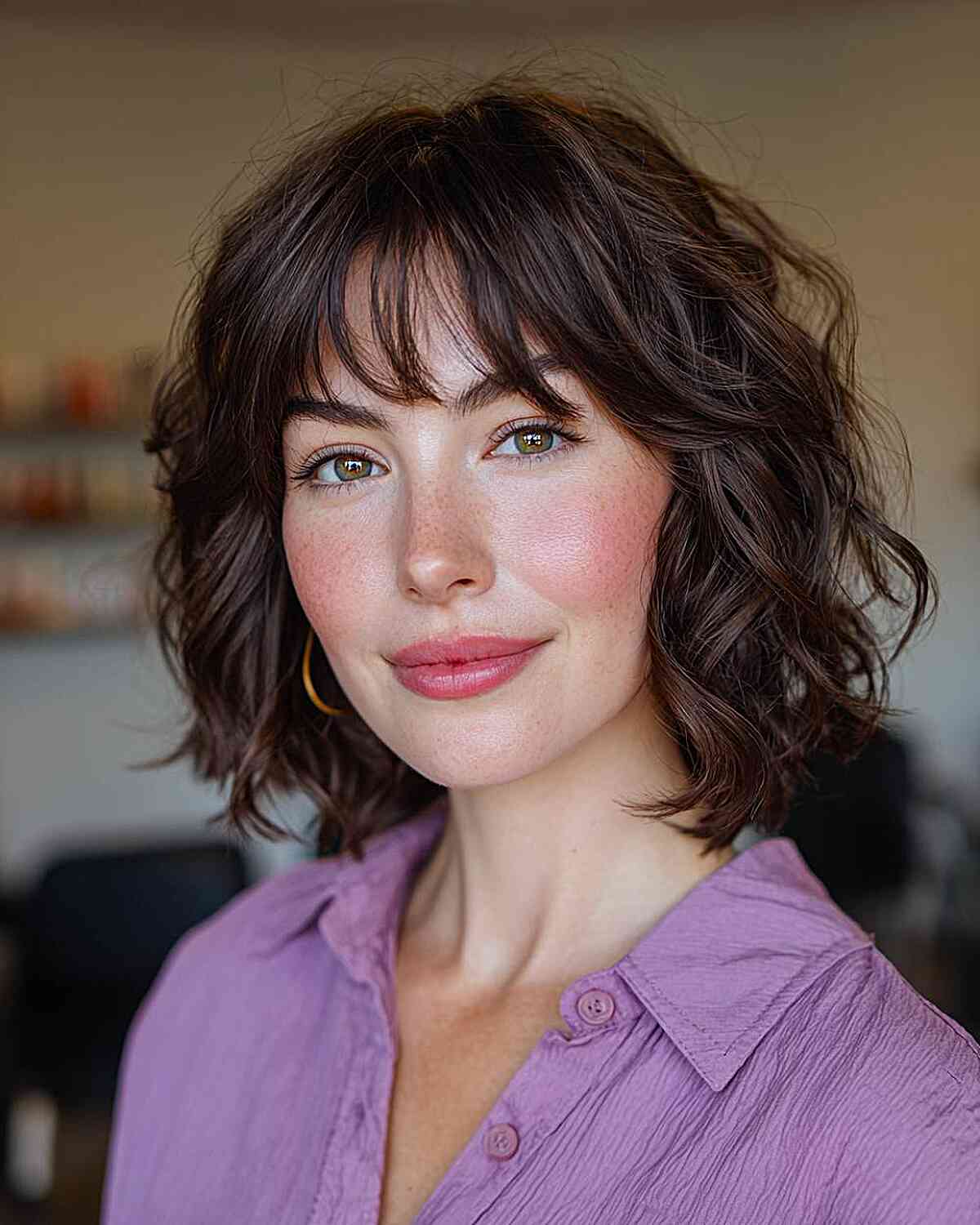 Dark Brown Shaggy Bob With Textured Bangs Dark Brown Shaggy Bob With Textured Bangs