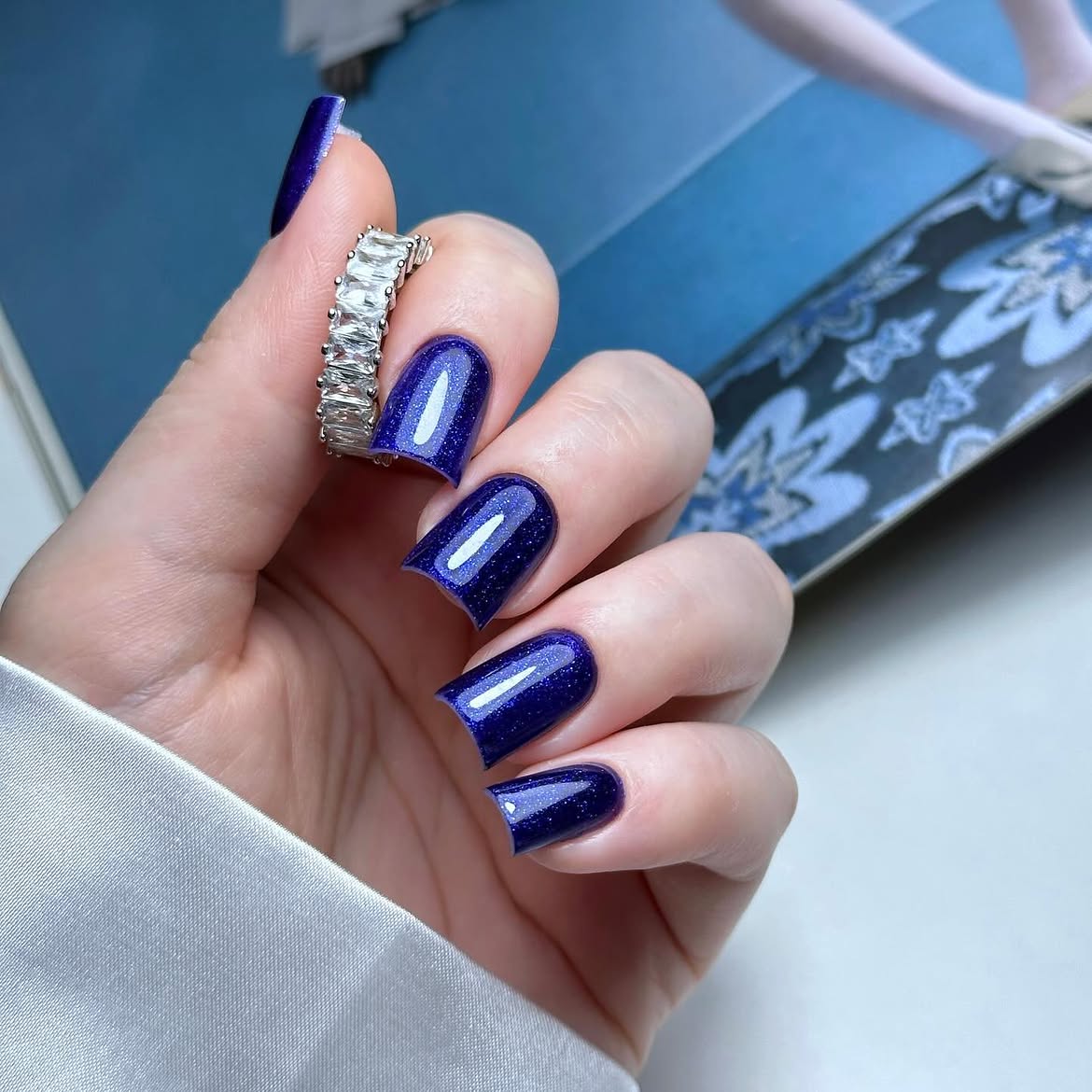 Shimmering Navy Blue Glossy Square Nails